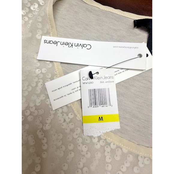 Calvin Klein Women Layered Silver Sequin Ivory Off White T-shirt Sz Medium NEW!! - Picture 7 of 12
